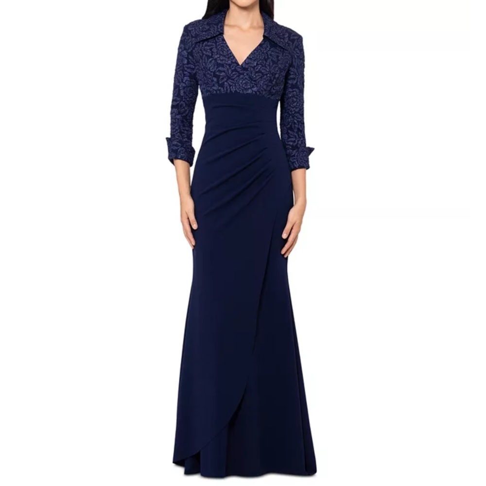 XSCAPE - Navy Floral Jacquard Long Sleeve‎ Evening Gown